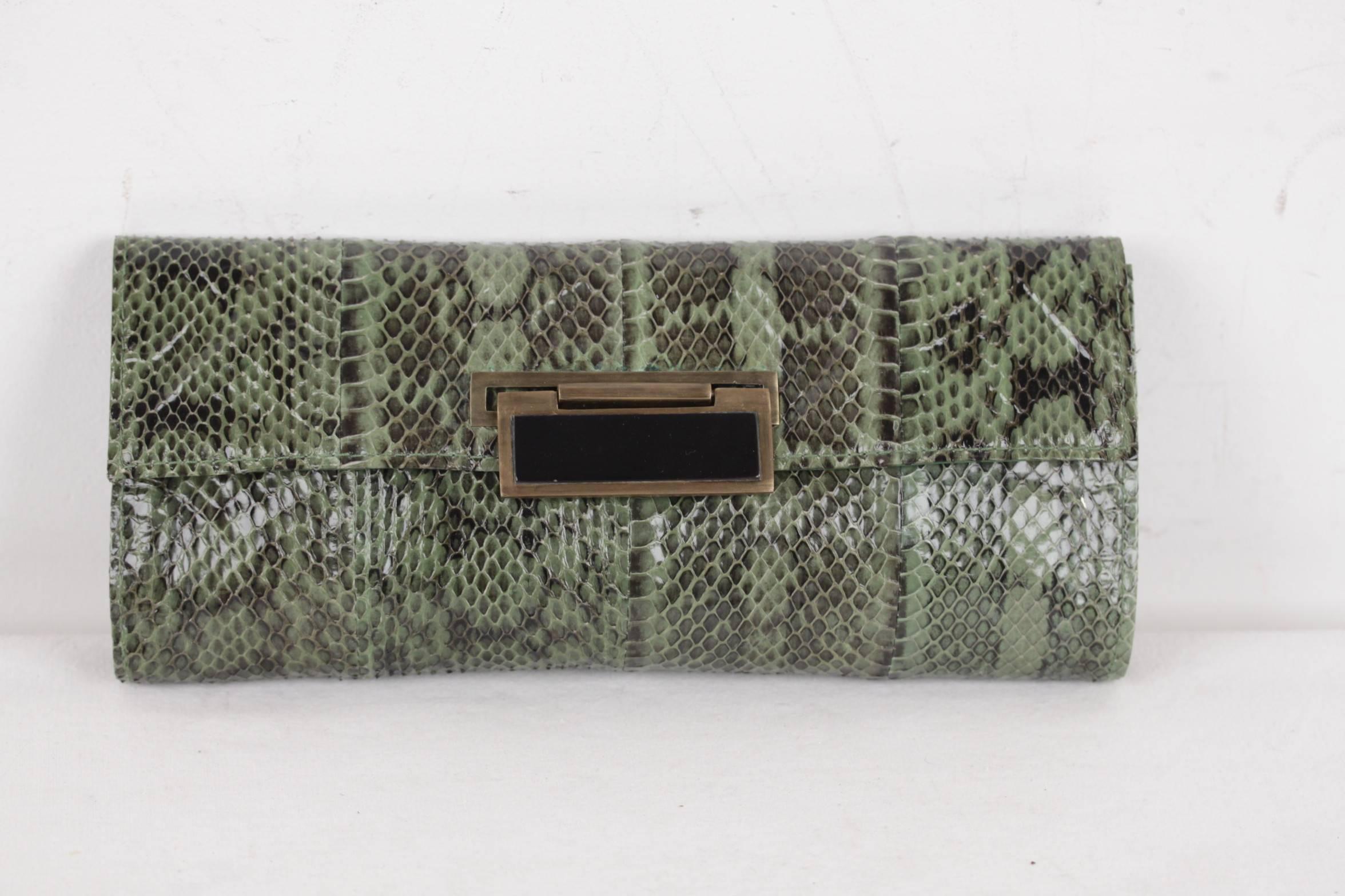 R Y Augousti Green Python Snakeskin Leather Clutch Handbag Purse Pouch Bag 3