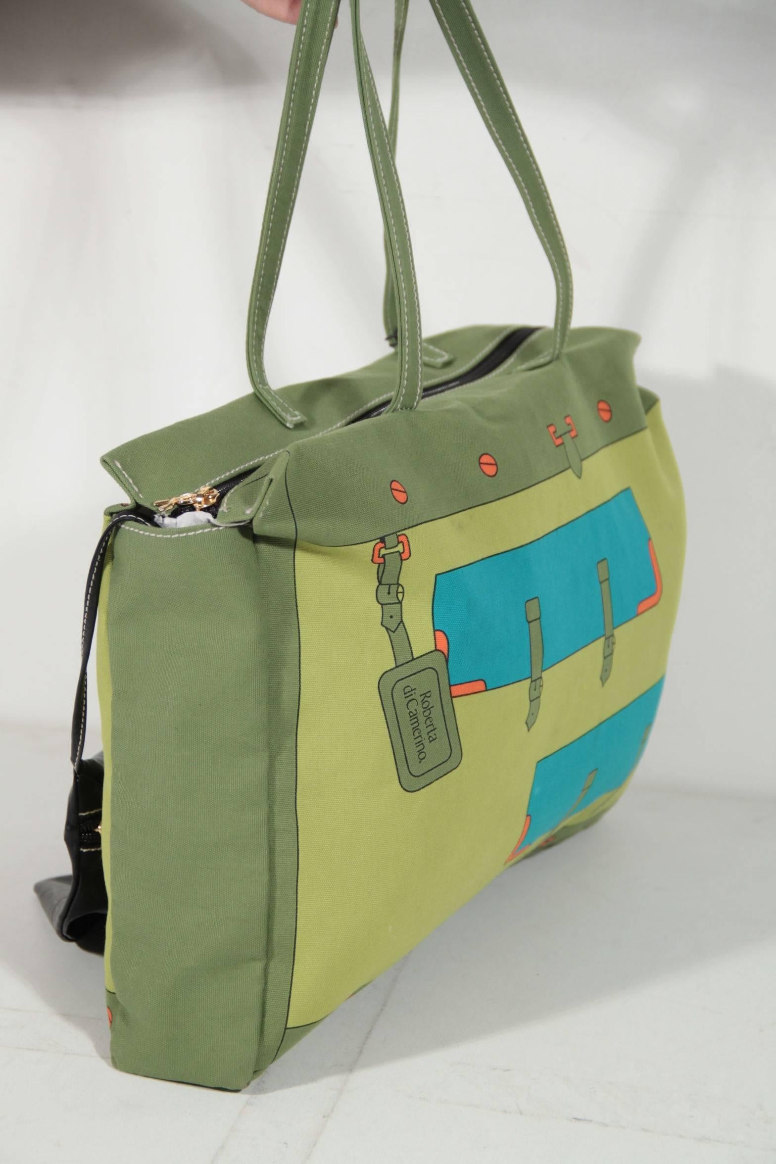 ROBERTA DI CAMERINO Italian Green Canvas LARGE TOTE Shoulder Bag 1