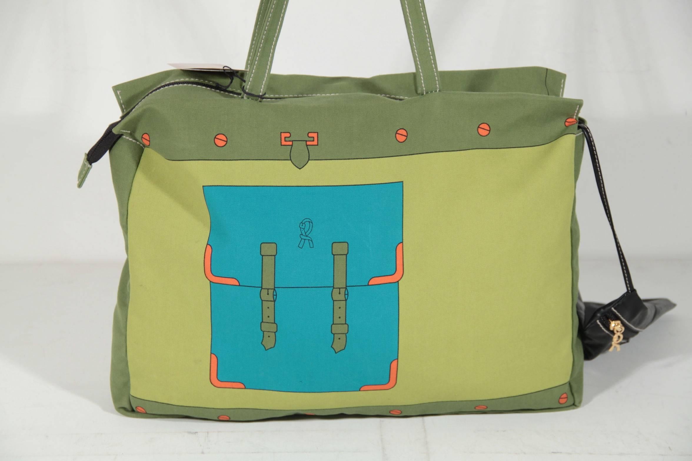 ROBERTA DI CAMERINO Italian Green Canvas LARGE TOTE Shoulder Bag 2