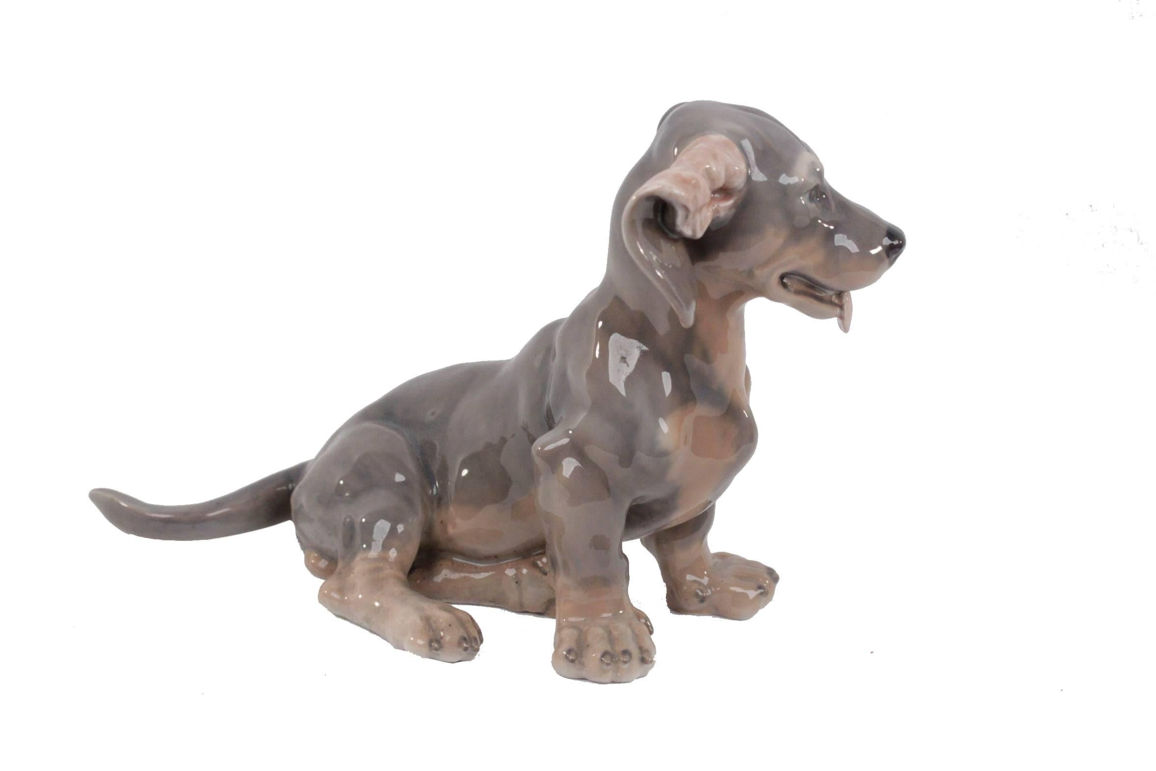  - Royal Copenhagen Figure of a Dachshund Dog figurine, seated with tongue out
- Polychrome hand-painted porcelain figurine
- Model: #856
- Highly realistic details
- Designed by Lauritz Jensen
- Approx. Height: 7 1/2 inches - 19 cm
- Approx.