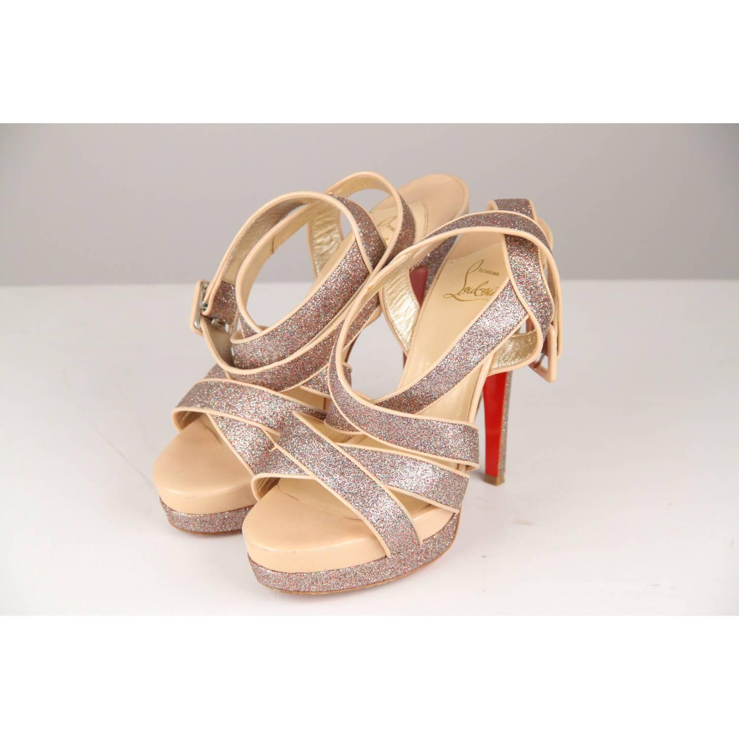 Women's CHRISTIAN LOUBOUTIN Silver Glitter and Nude Leather Straratata Sandals 36