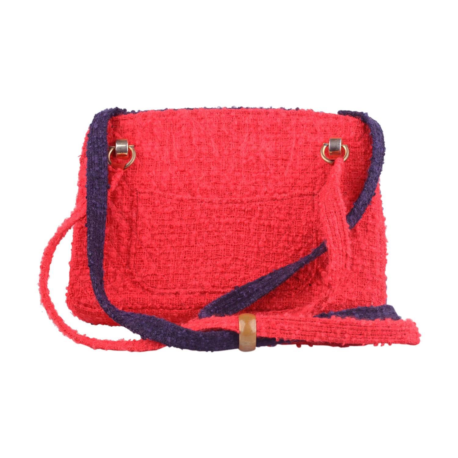 CHANEL Vintage Unique Prototype Red Blue Wool Tweed 1960s Shoulder Bag