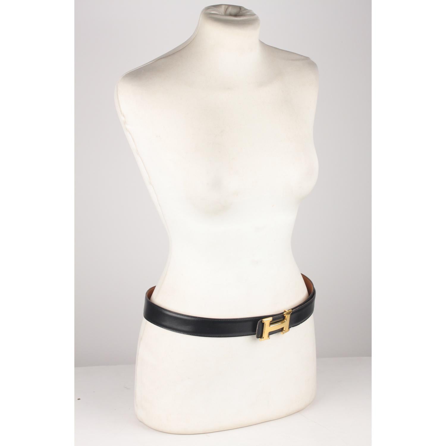 Hermes Vintage Leather Reversible Belt Gold Metal H-Buckle In Good Condition In Rome, Rome