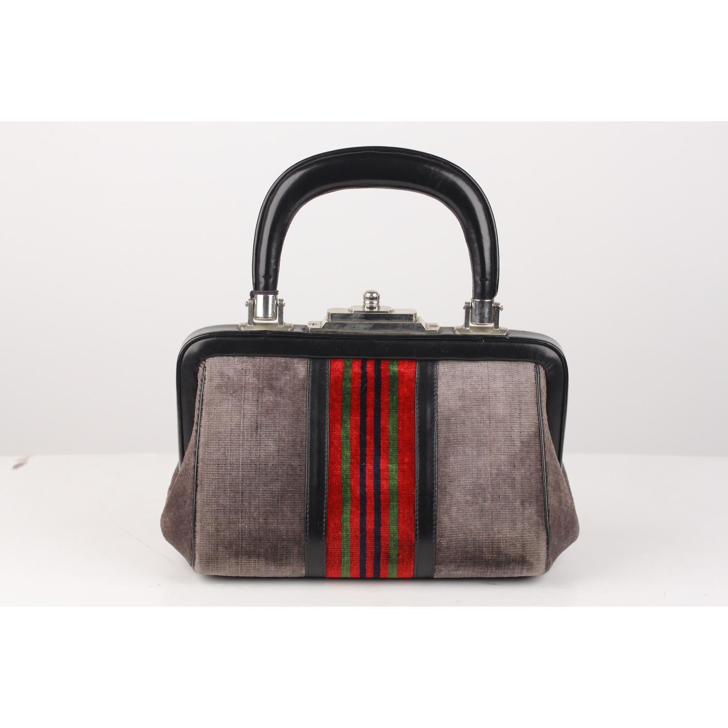 Gorgeous ROBERTA DI CAMERINO Small 'Bagonghi' Doctor Bag! Classic style in gray velvet with striped detailing on the front. It features a leather top-handle and a push-lock closure. Leather lined interior with zipper and open pockets. It is a