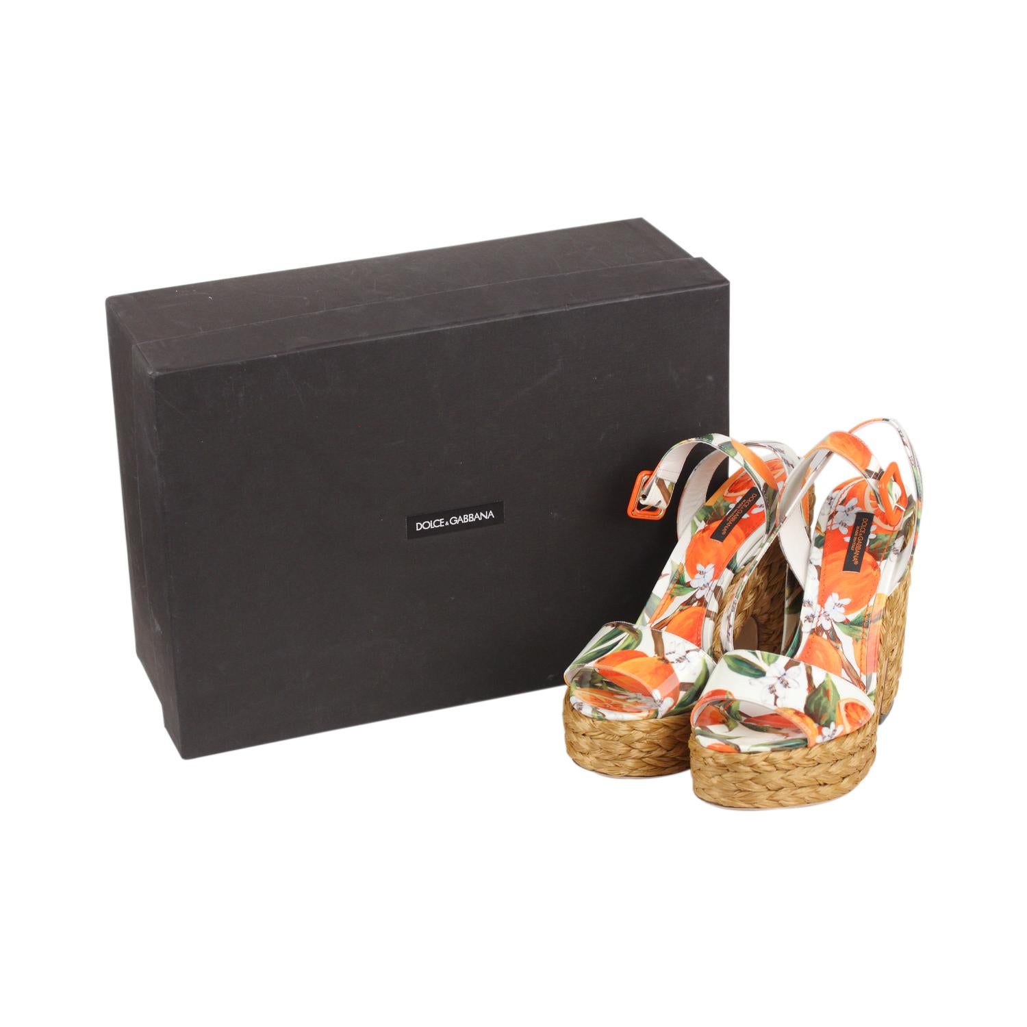 Dolce & Gabbana Orange Patent Leather Straw Platform Sandals 