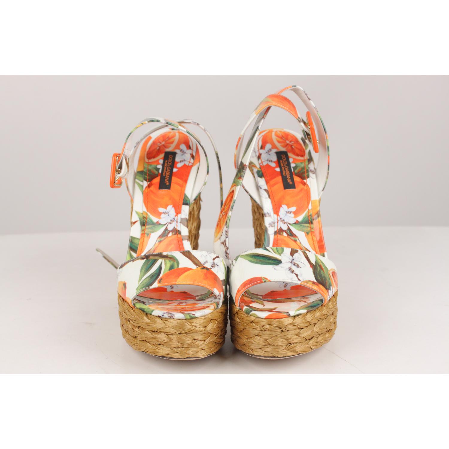 Black Dolce & Gabbana Orange Patent Leather Straw Platform Sandals 