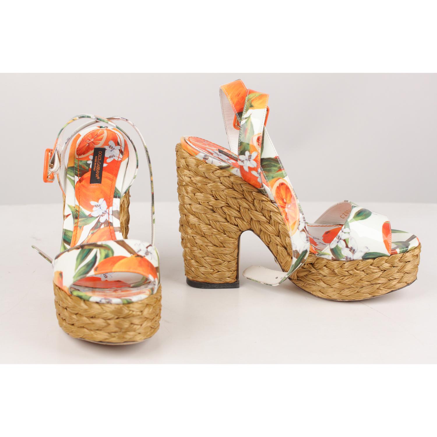 Dolce & Gabbana Orange Patent Leather Straw Platform Sandals  In Good Condition In Rome, Rome