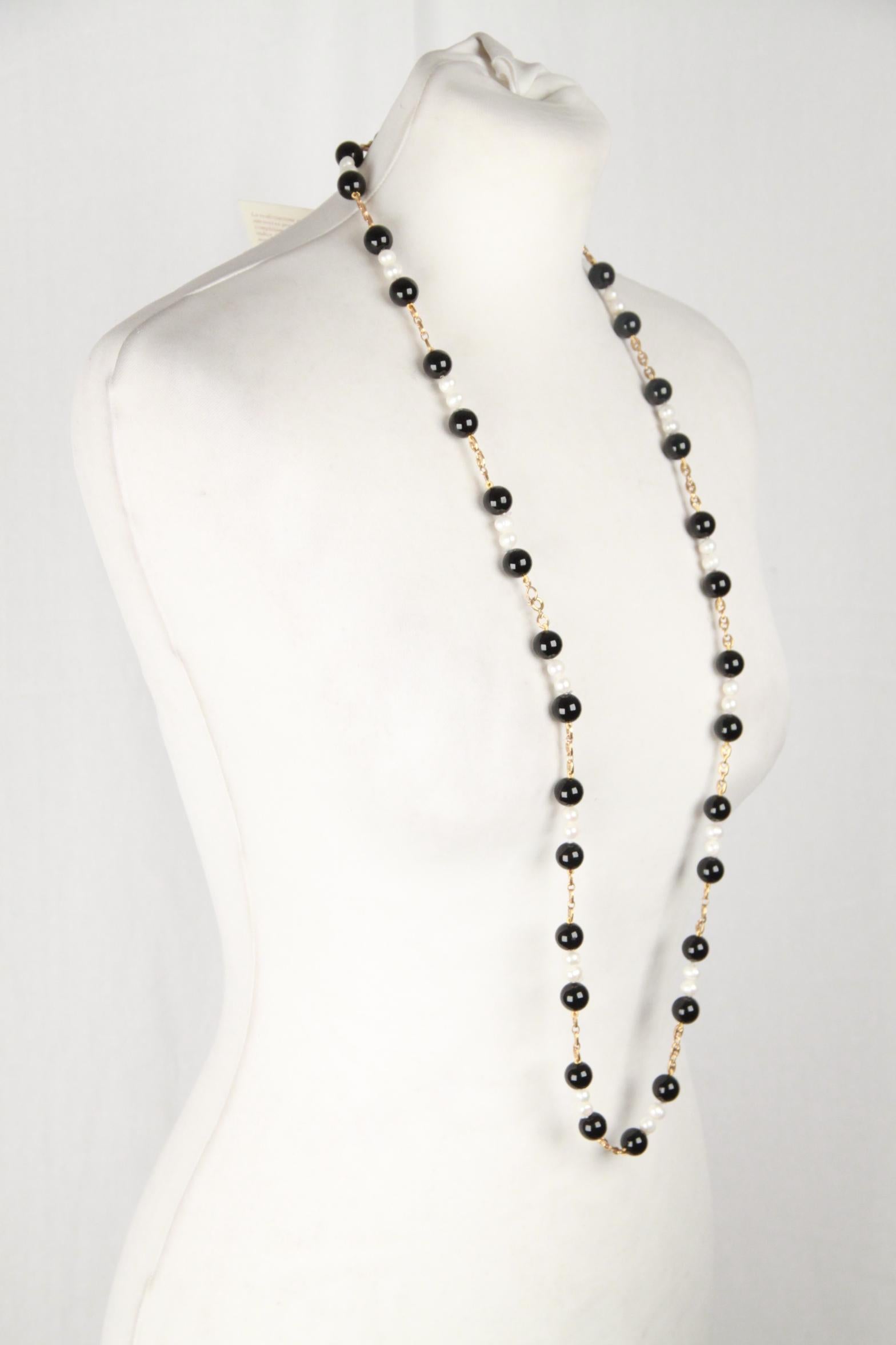 Artisan Handmade in Italy Long Necklace with Black Onyx and Baroque Pearls and Beads