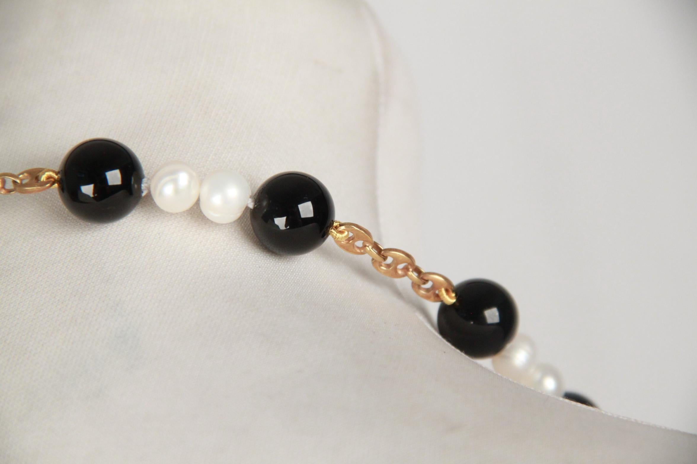 Handmade in Italy Long Necklace with Black Onyx and Baroque Pearls and Beads In New Condition In Rome, Rome