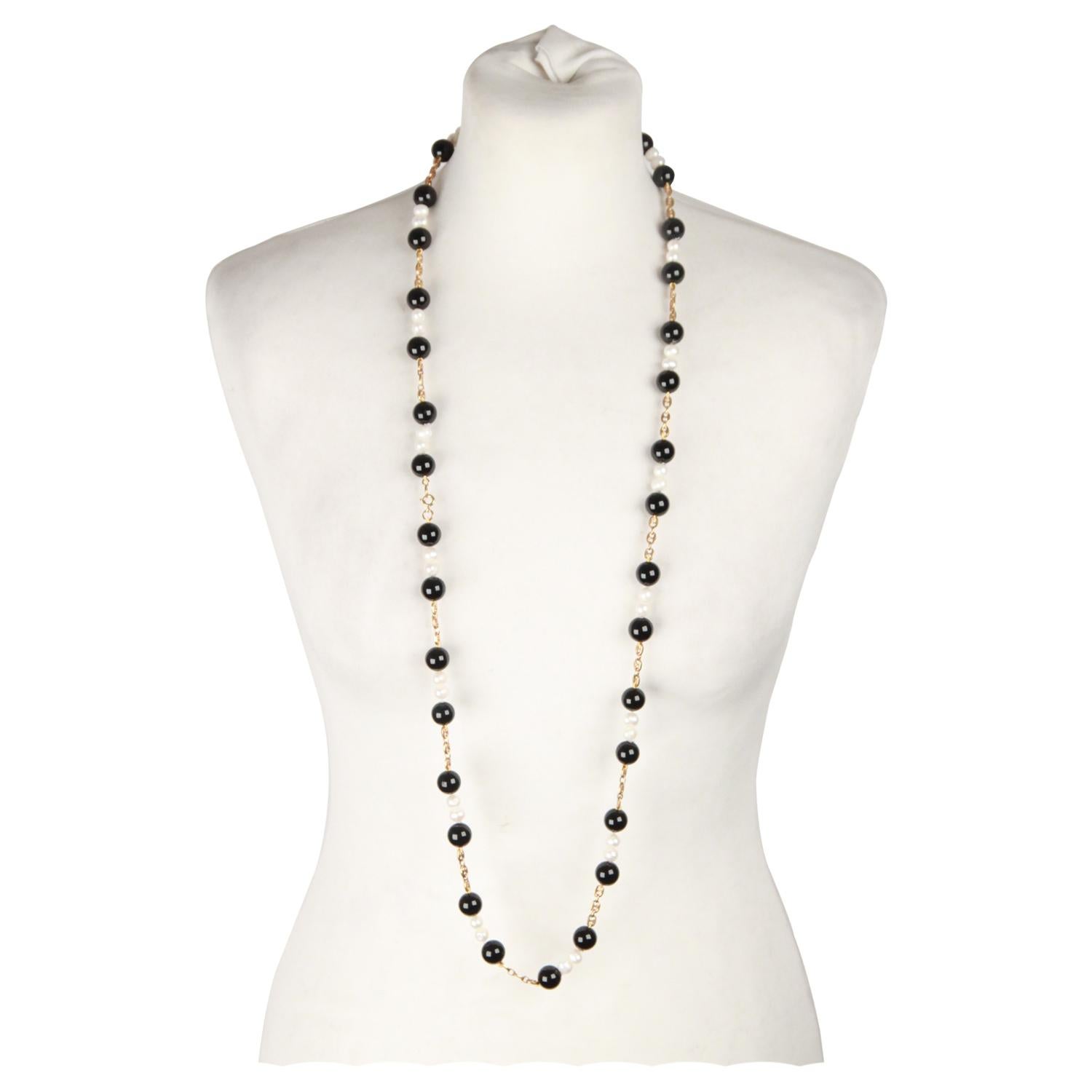 Women's Handmade in Italy Long Necklace with Black Onyx and Baroque Pearls and Beads