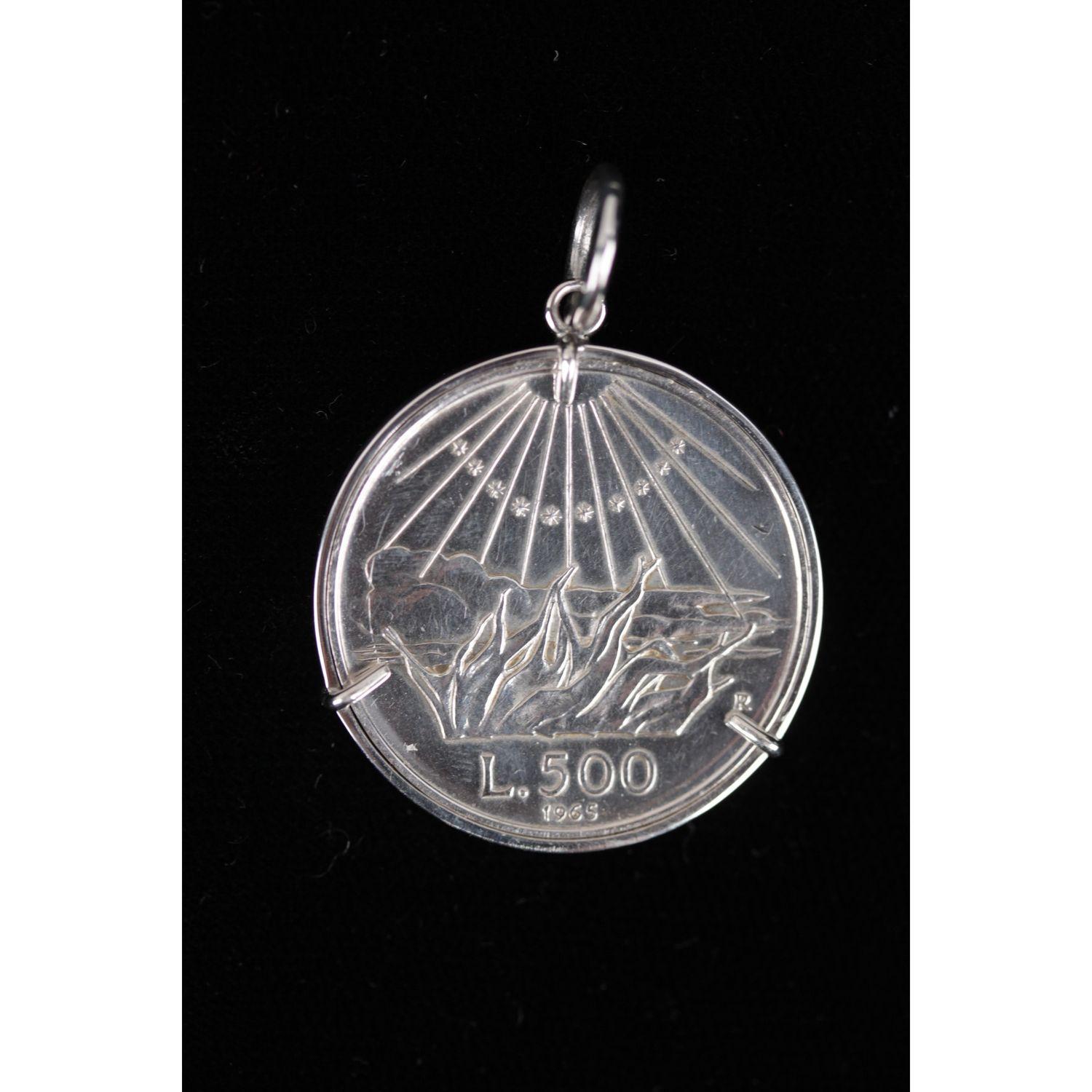 Handmade 500 lire silver coin pendant, celebrating the 700th Anniversary of the birth of Dante Alighieri. The coin is set in a 925 Sterling silver bezel (engraved 925 hallmark on the frame) Front: Flames, reminiscent of his famous work, Dante's