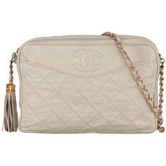 CHANEL Vintage Ivory QUILTED Leather CC Stitch CAMERA BAG w/ Tassel