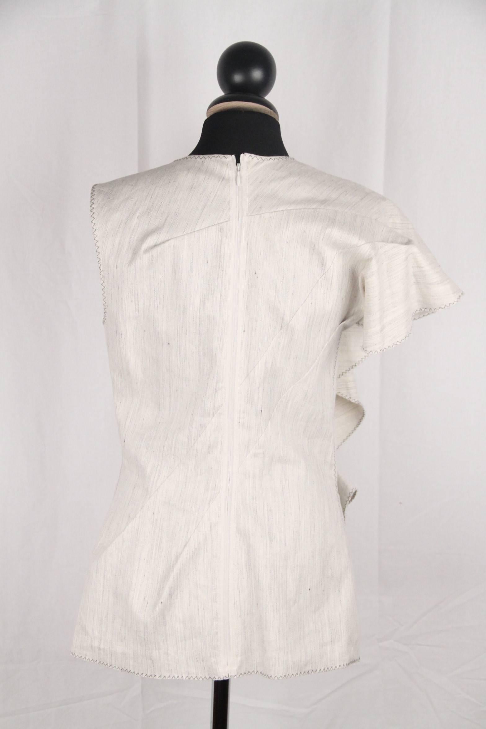 Beige Lanvin Stone Linen and Cotton Sleeveless Top with Ruffle Trim Size 38