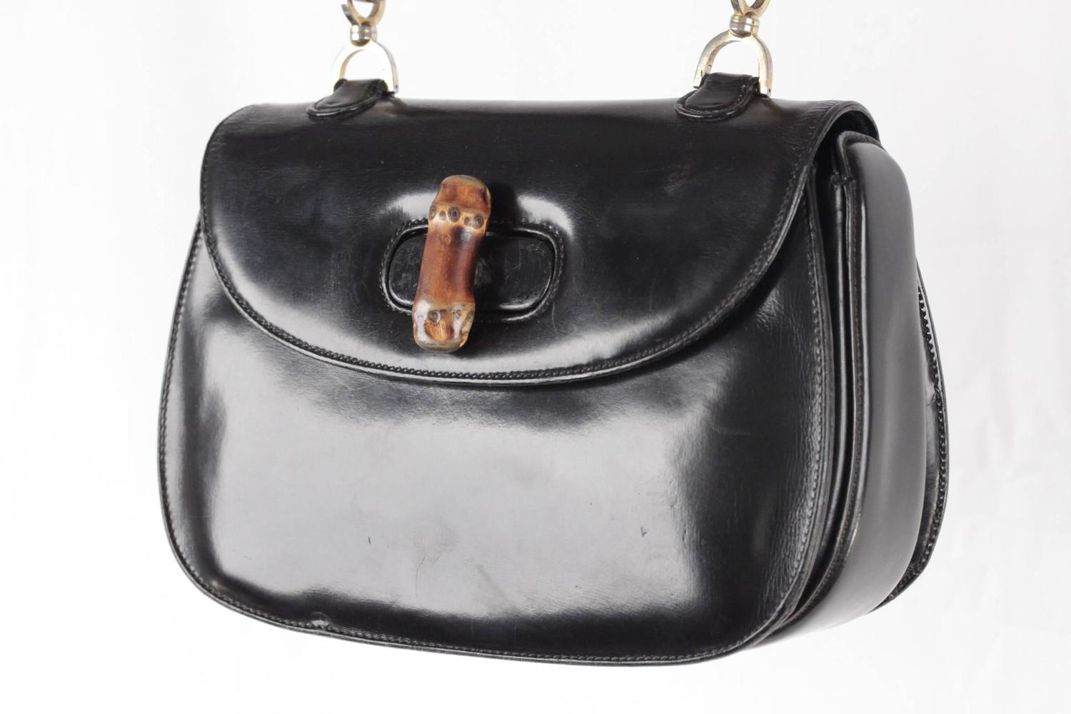 GUCCI Italian VINTAGE Black Leather BAMBOO BAG Handbag PURSE Rare at 1stdibs