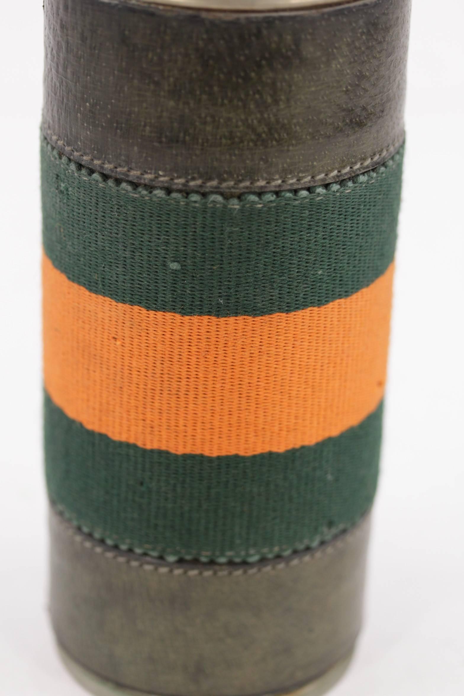 Gray GUCCI Italian VINTAGE Green Leather THERMOS Vacuum Flask BARWARE w/ STRIPES 