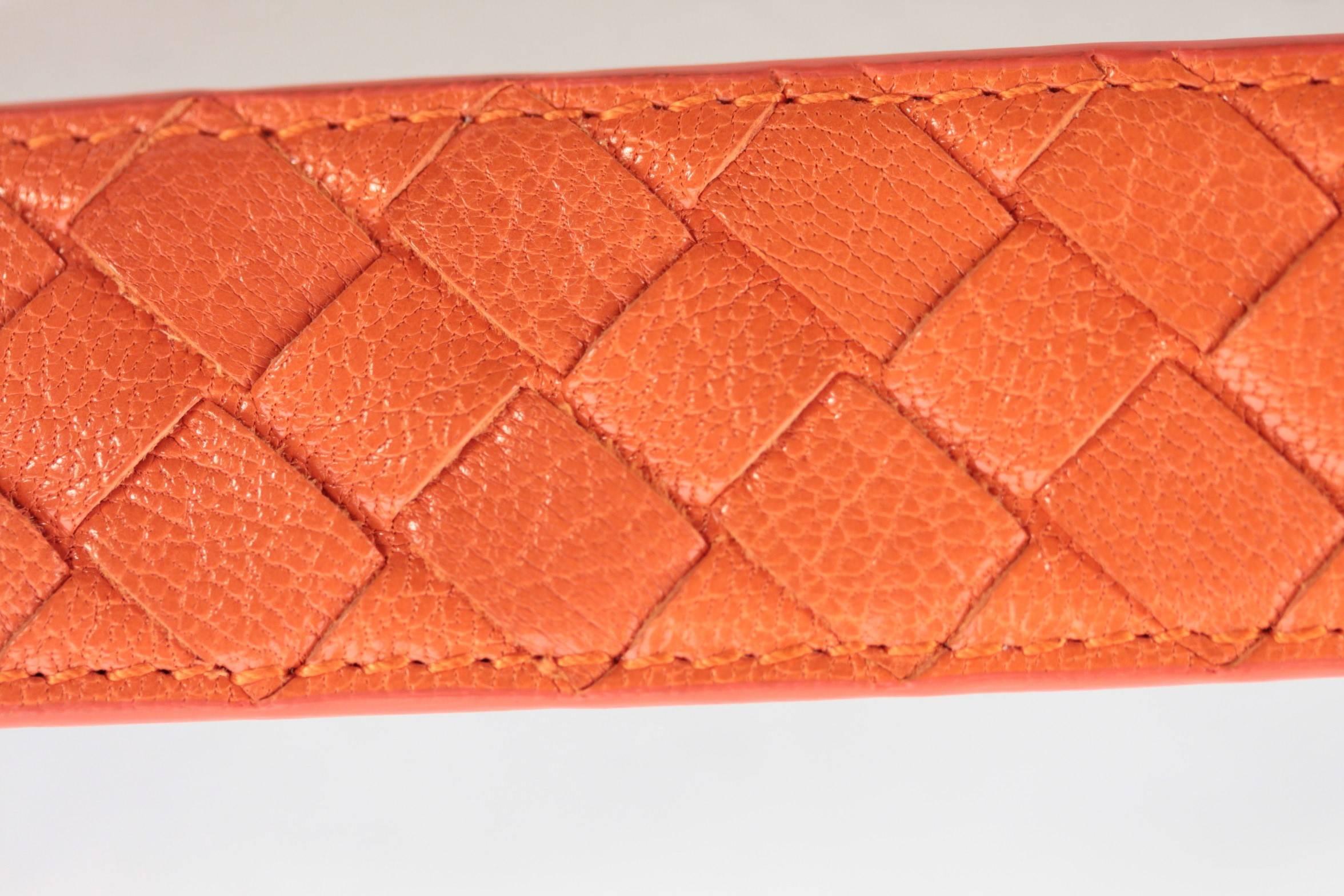 Women's BOTTEGA VENETA Italian Orange INTRECCIATO Woven Leather BELT Round Buckle 