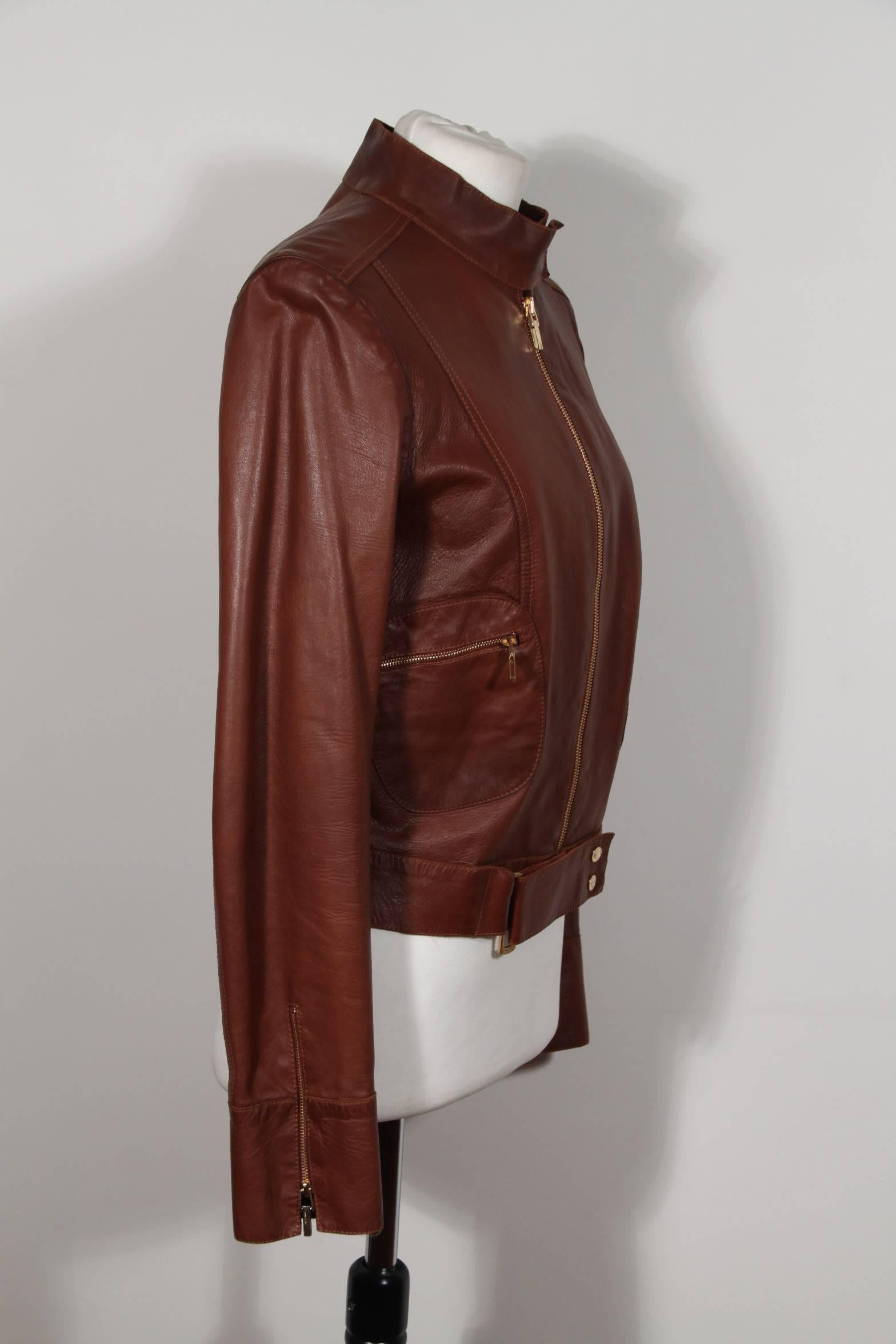 GUCCI TOM FORD Brown LEATHER Biker JACKET Zip Front Sz 40 In Excellent Condition In Rome, Rome