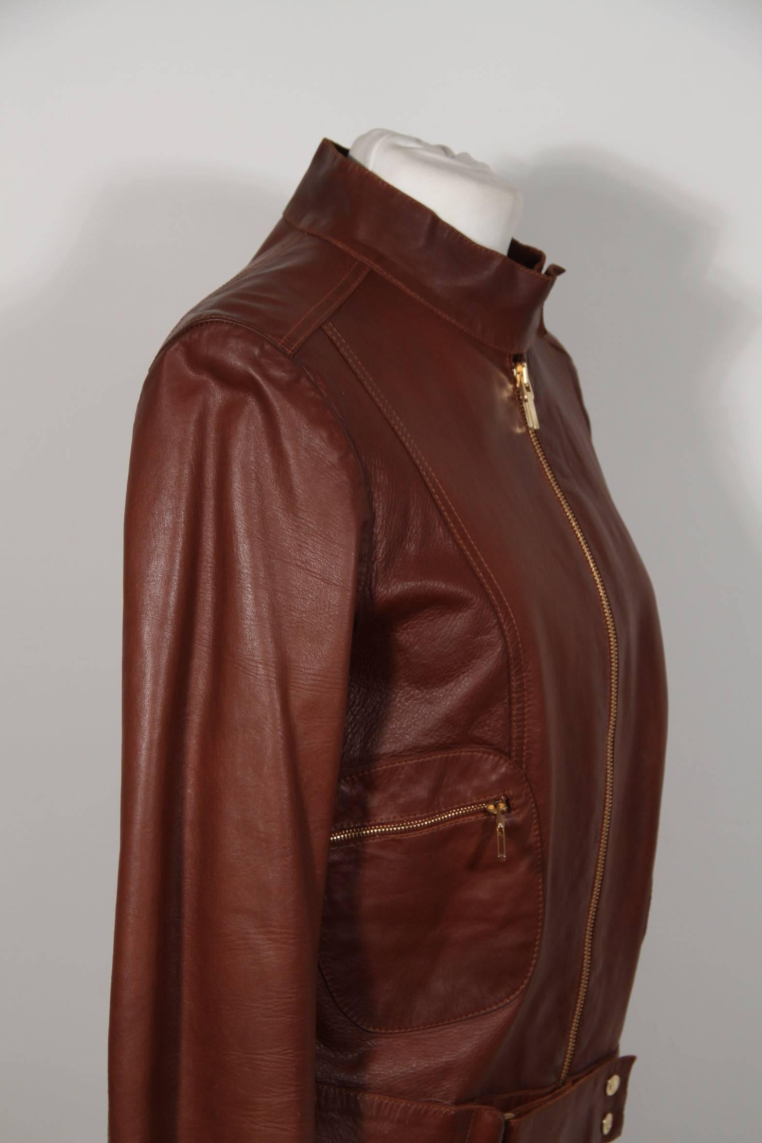 Women's GUCCI TOM FORD Brown LEATHER Biker JACKET Zip Front Sz 40