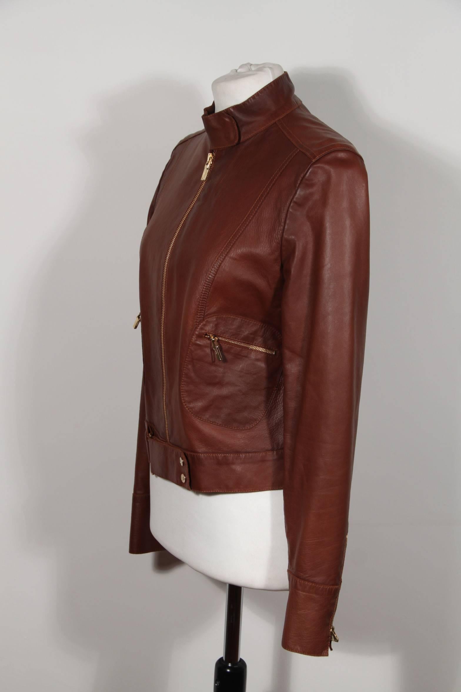 GUCCI TOM FORD Brown LEATHER Biker JACKET Zip Front Sz 40 1