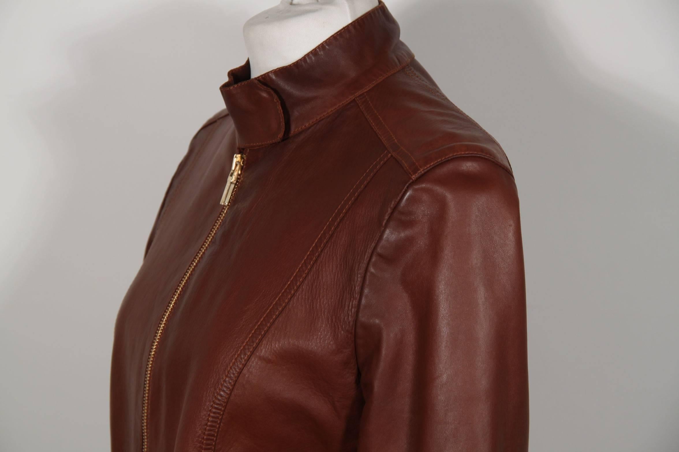 GUCCI TOM FORD Brown LEATHER Biker JACKET Zip Front Sz 40 2