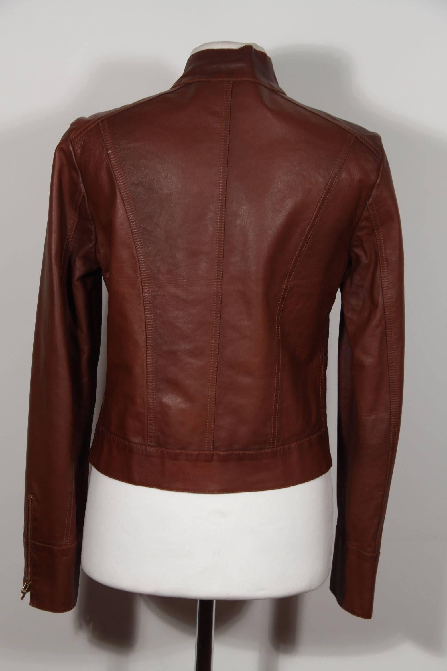 GUCCI TOM FORD Brown LEATHER Biker JACKET Zip Front Sz 40 3