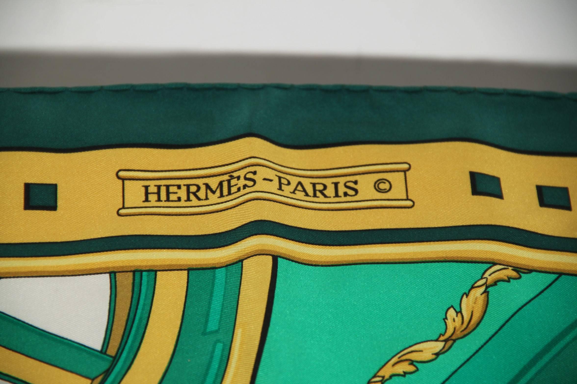 HERMES PARIS Green Silk Scarf RYTHMES 1970 by Cathy Latham 1