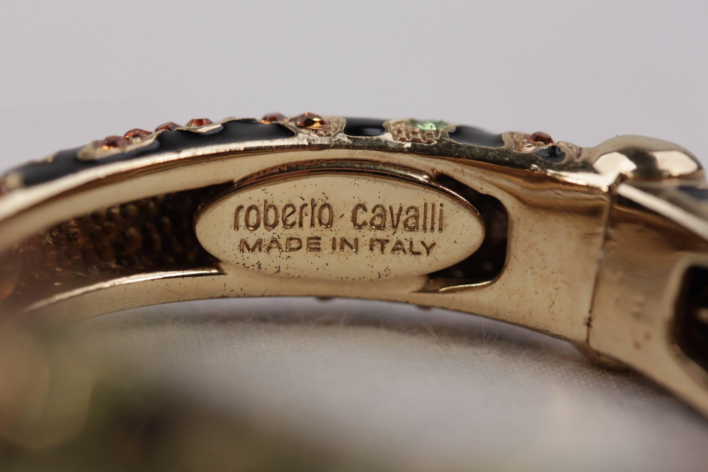 Women's ROBERTO CAVALLI Italian Gold Metal SNAKE BRACELET Black Enamel w/ RHINESTONES