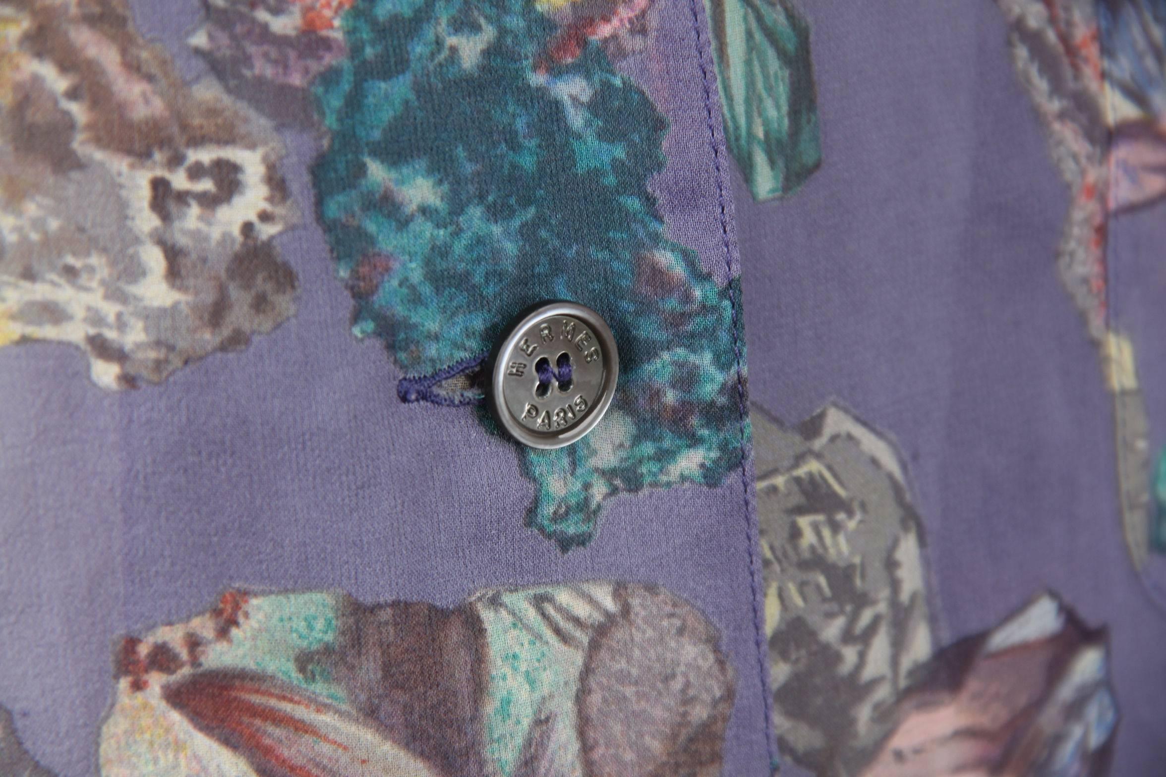 Women's HERMES PARIS Vintage Blue Silk SHELL Print SHIRT Blouse w/ Lycra BODY 40