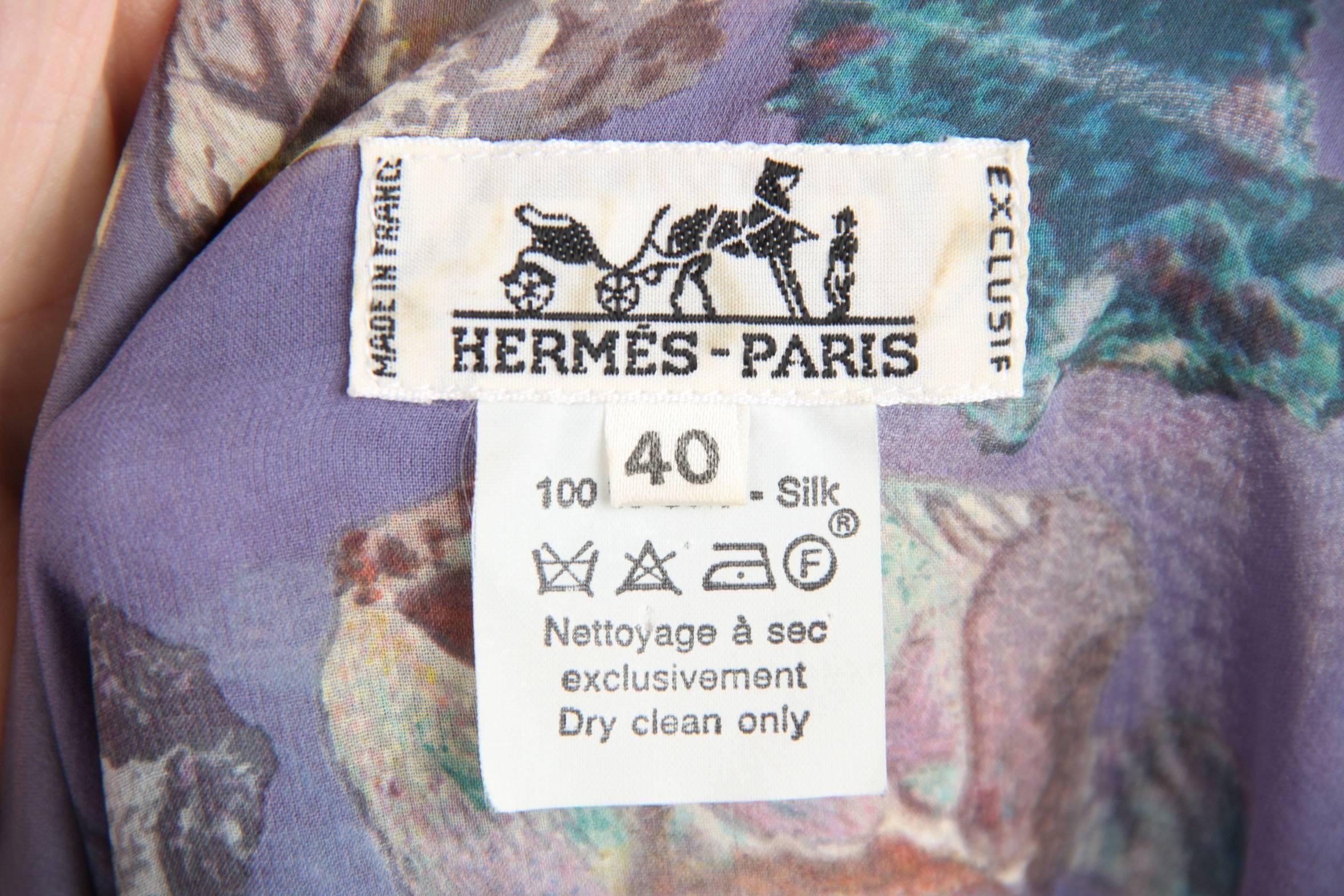 HERMES PARIS Vintage Blue Silk SHELL Print SHIRT Blouse w/ Lycra BODY 40 2