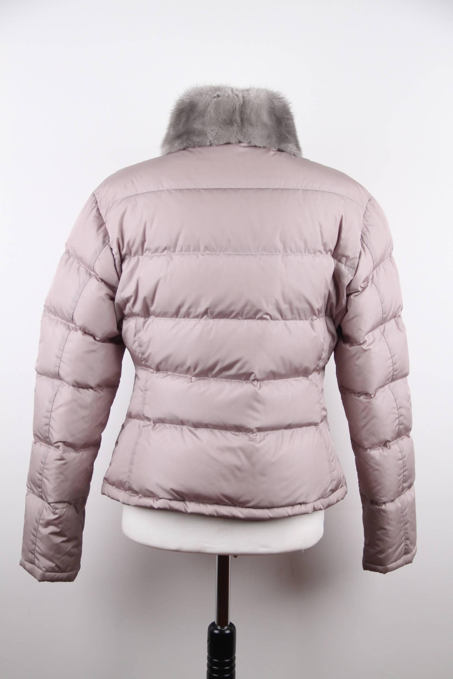 Women's PRADA Italian Gray Nylon DOWN JACKET Puffer w/ MINK FUR Trim Sz 42 IT