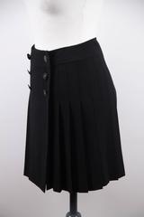 CHANEL BOUTIQUE Vintage Black Wool PLEATED MINI SKIRT w/CC LOGO Buttons 38 FR
