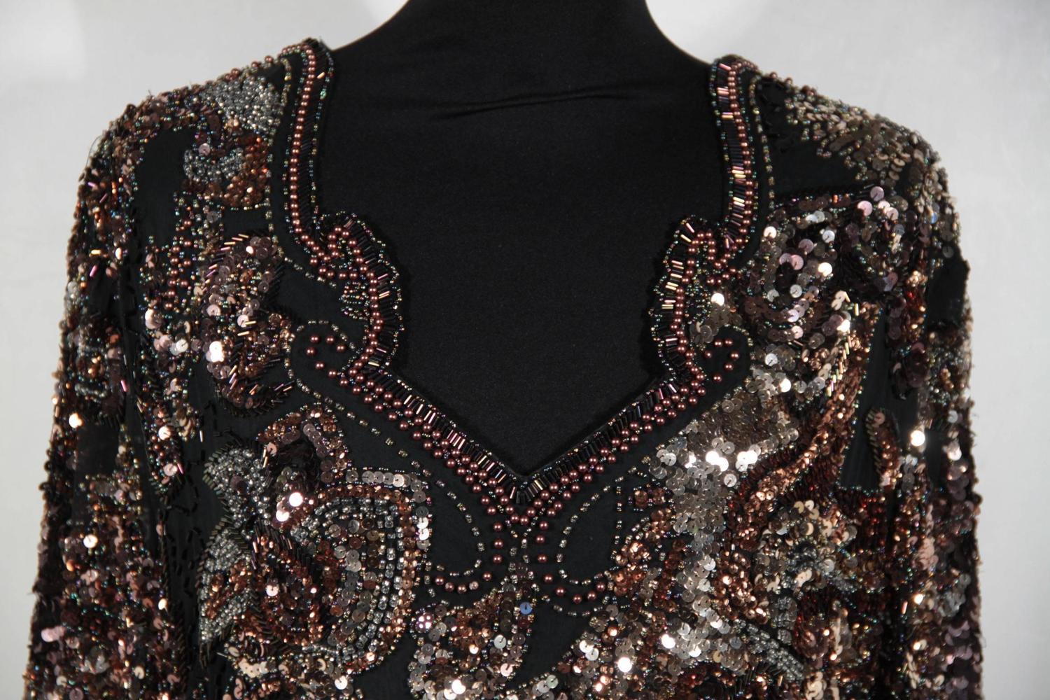 Auth BLACK TIE by OLEG CASSINI Vintage Black Beaded EVENING DRESS Size ...