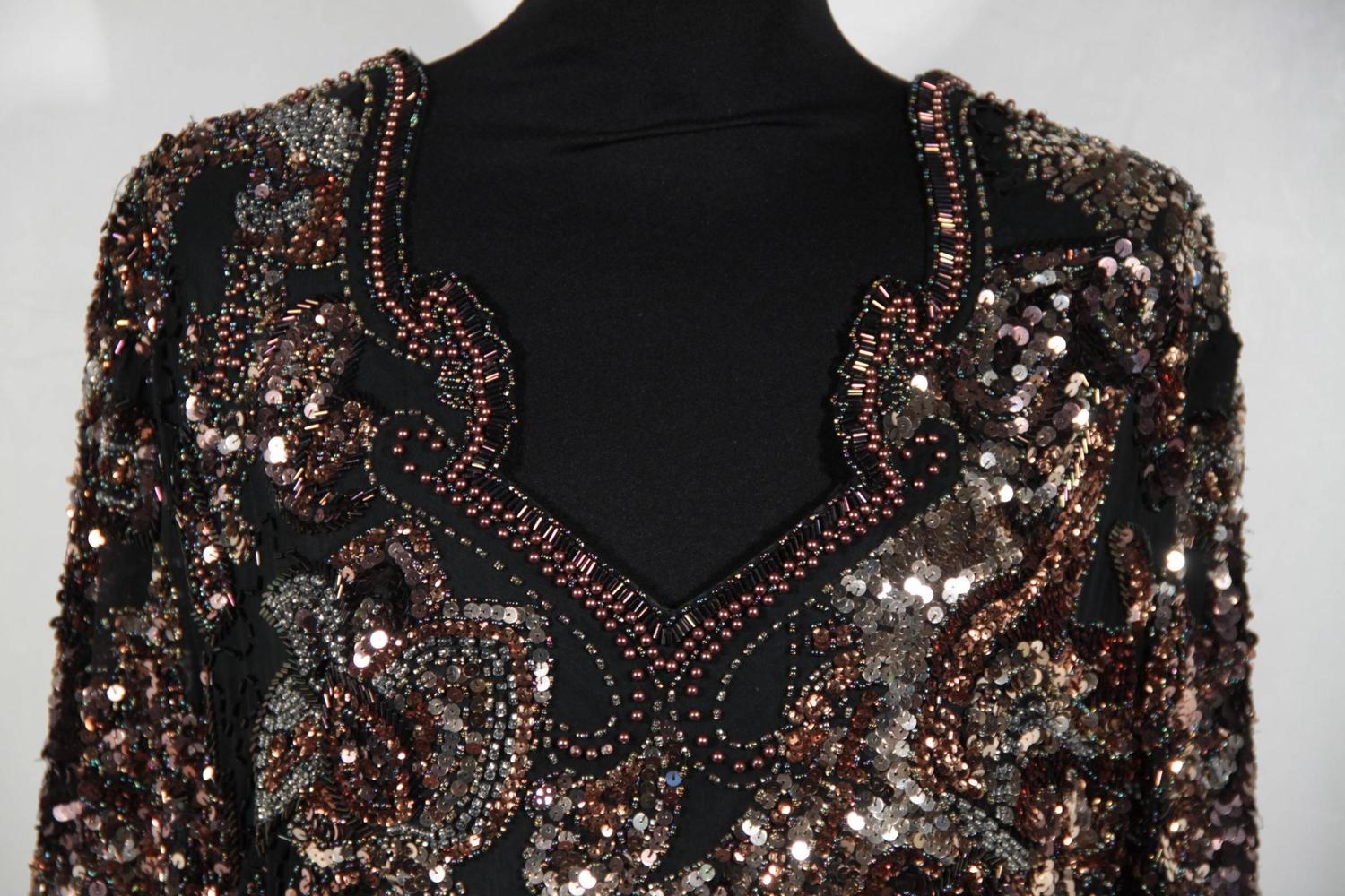 Auth BLACK TIE by OLEG CASSINI Vintage Black Beaded EVENING DRESS Size M at 1stdibs