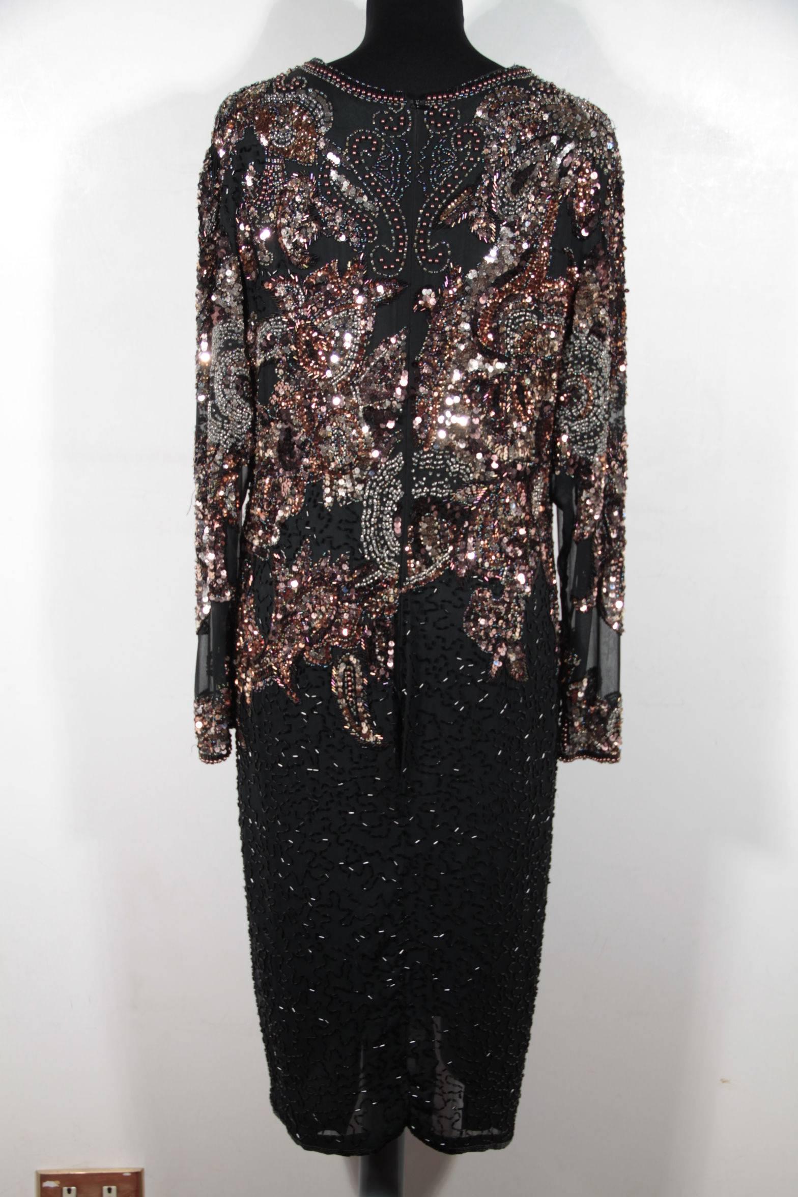 Auth BLACK TIE by OLEG CASSINI Vintage Black Beaded EVENING DRESS Size M In Excellent Condition In Rome, Rome