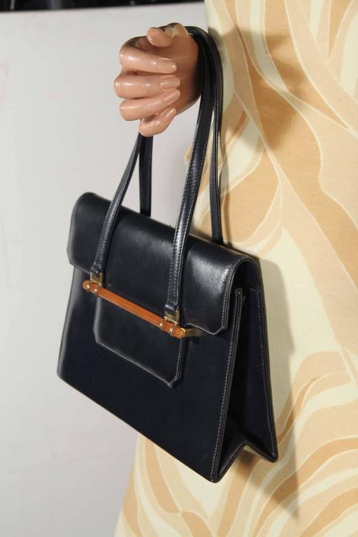 GUCCI Italian VINTAGE Navy Blue Leather HANDBAG Tote PURSE w/ Bakelite