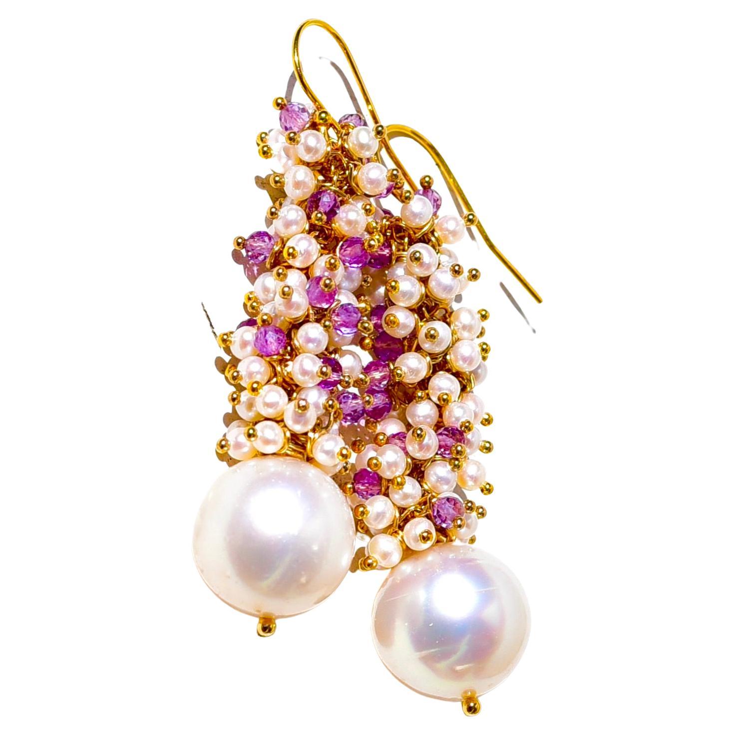 White Sea Cultured Pearl Earrings with Lavender Amethyst in 14K Yellow Gold For Sale