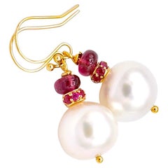 18K Solid Yellow Gold White South Sea Cultured Pearl and Ruby Earrings 