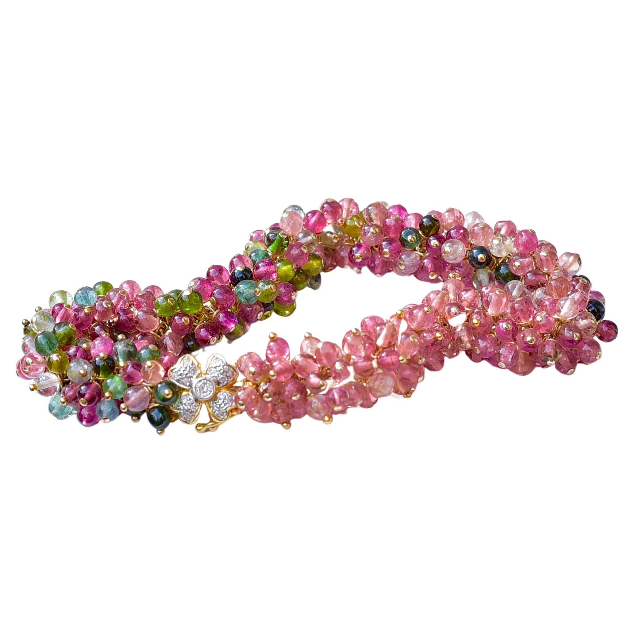 If you love tourmaline – this luxe bracelet wins your heart! Gorgeous pink, green and red tourmaline with 14K Solid Yellow Gold and Diamond Clasp and on the other side of the bracelet more pink tourmalines creates a delicate look. Stunning from