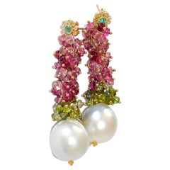 White South Sea Pearl, Tourmalines, Emerald, Diamonds Earrings in 14K Solid Gold