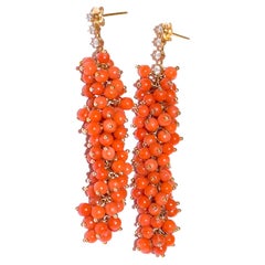 Italian Sardinia Salmon Orange Coral Earrings in 14K Solid Yellow Gold, Diamonds