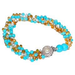 Sleeping Beauty Turquoise, Madeira Citrine, Seed Pearl Bracelet in 14K Gold