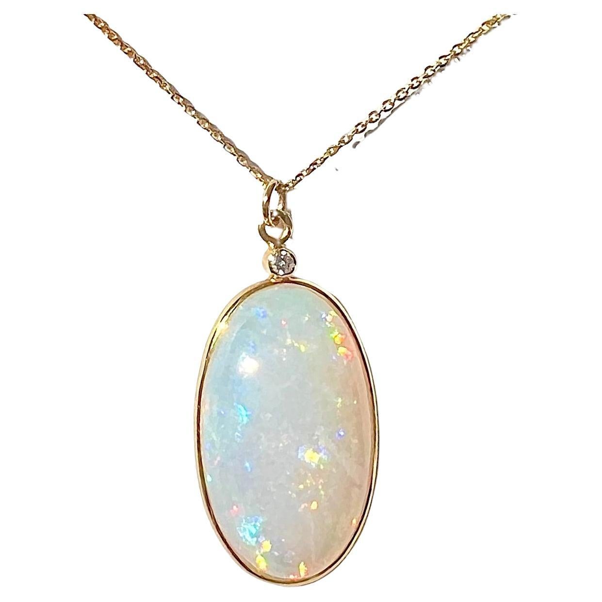 Natural Opal (16.5carat) Bezel, Diamond Accent Necklace in 18K Solid Yellow Gold