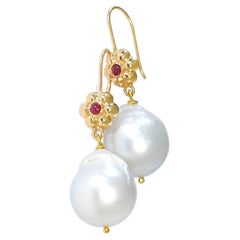 Huge White South Sea Baroque Pearl Earrings, Ruby in 18K Solid Yellow Gold