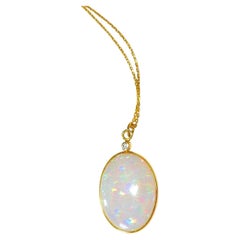Natural Opal Bezel, Diamond Accent Necklace in 18K Solid Yellow Gold