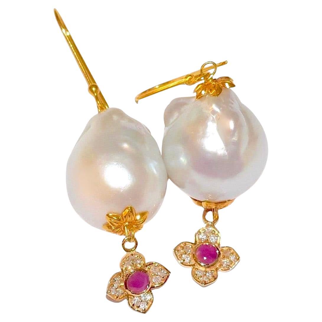 White South Sea Pearl, Ruby, Diamonds Earrings in 14/18 Solid Yellow Gold