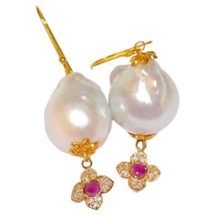 White South Sea Pearl, Ruby, Diamonds Earrings in 14/18 Solid Yellow Gold