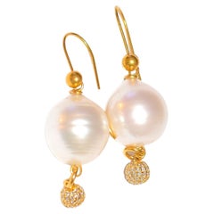 Huge White South Sea Baroque Pearl, Champagne Diamond Ball in 18K Solid Gold