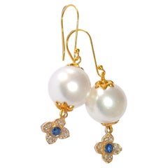South Sea Pearl, Blue Sapphire, Diamond Earrings in 14/18 Solid Yellow Gold