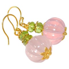 Rose Quartz Carved Melon, Natural Peridot Earrings in 18K Solid Yellow Gold