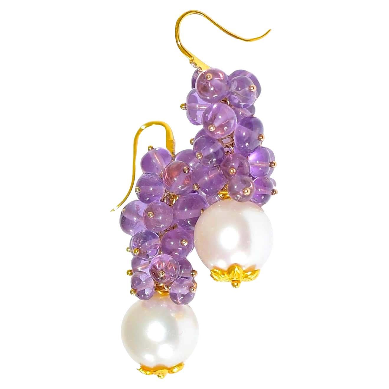 White South Sea Pearl, Rose De France Amethyst Earrings in 14K Solid Yellow Gold For Sale